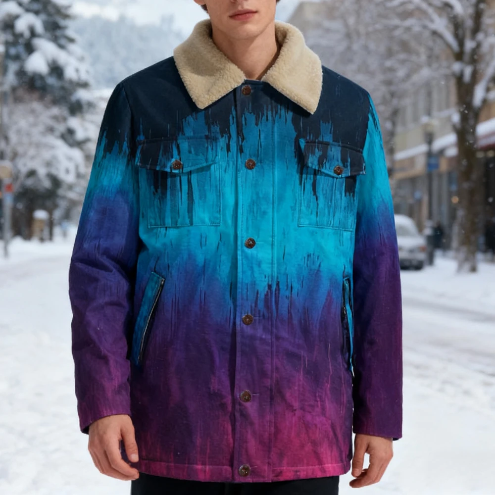 

Трендовая куртка с каплей омбре и воротником из искусственной овчины, унисекс, художественное пальто с цветными блоками, винтажные карманы на пуговицах, уличный стиль