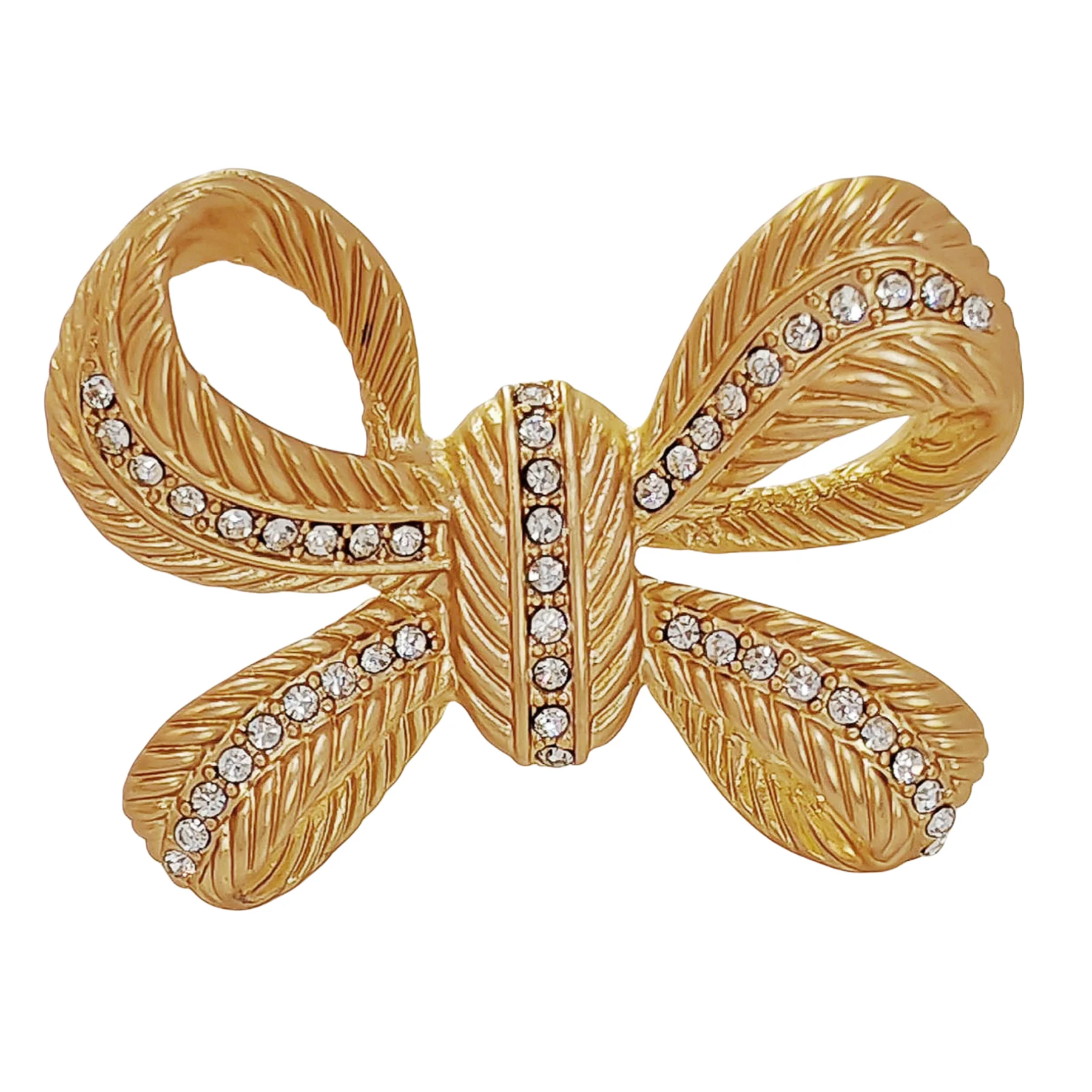 

Stunning Gold Croissant Ribbon Bow Brooch Pin with Crystal Accent