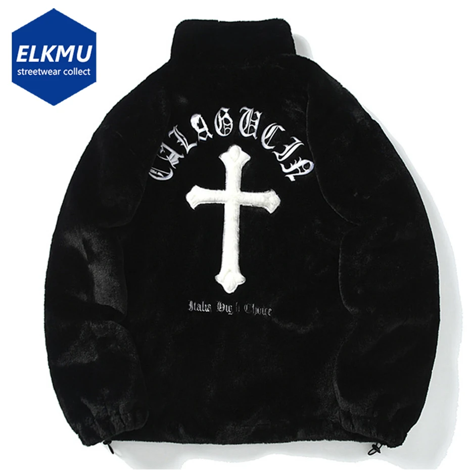 

Cross Embroidery Fleece Jacket Men Streetwear Harajuku Hip Hop Oversized Fluffy Fuzzy Jackets Zipper Coat Black White Clothing