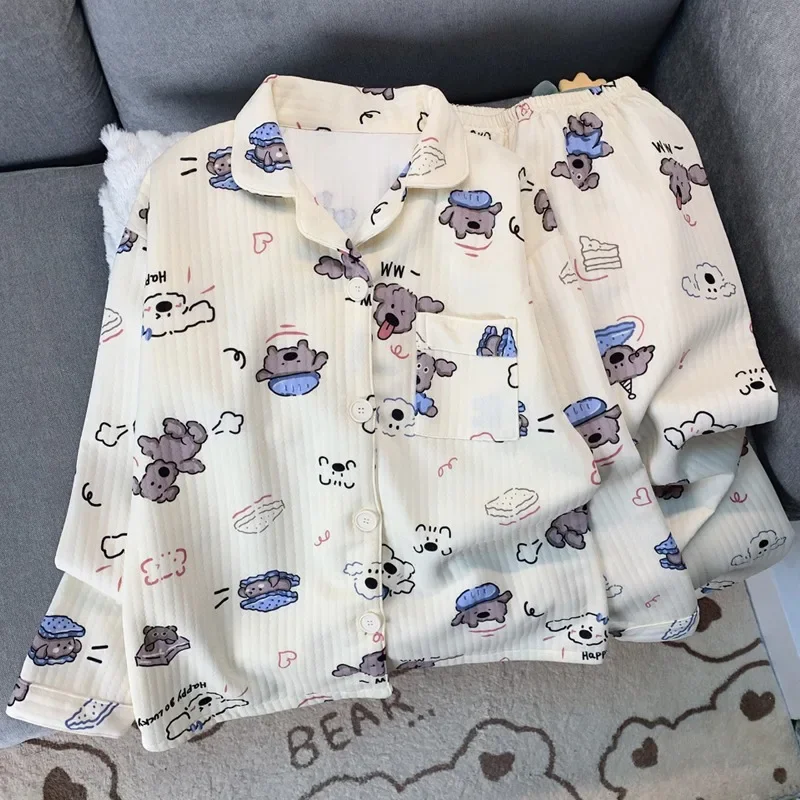 Cute Cartoon Dog Women's Pajamas Set Harajuku Style Kawaii Sweet Fashion New 2 PC Set Sleepwear Autumn Winter Cute Loungewear
