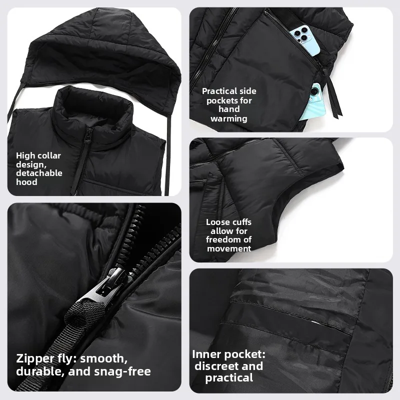 Winter Down Cotton Jacket Vest Men's Cool and Trendy Vest Men's Workwear Cotton Vest Multi-pocket Zipper Solid Color Hooded Vest