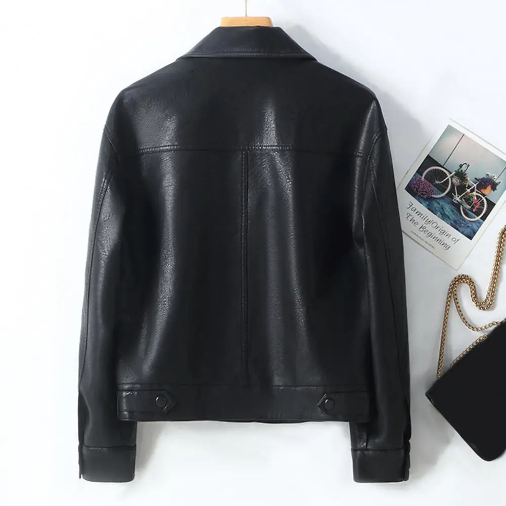 Travel Outerwear Stylish Faux Leather Women's Jacket with Turn-down Collar Single-breasted Design Retro Motorcycle for Office