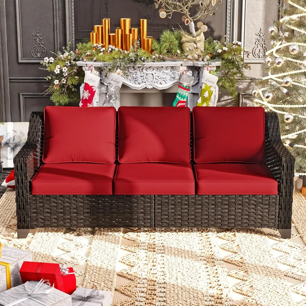 

Patio Sofa, All Weather Outdoor Rattan Wicker 3-Seat Sofa High Back Couch with Premium Cushions for Garden Backyard Porch