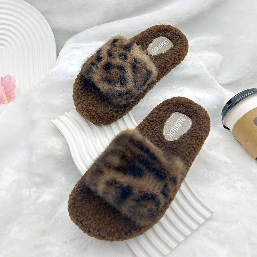 AYANA Leopard Print Slippers With Fur Plush House Slippers Flat Sandals For Women Fuzzy Open Toe Slippers Anti Skip