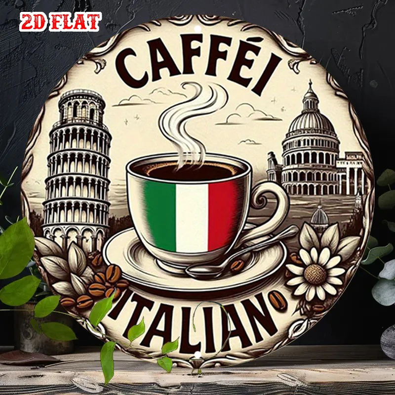 Placa de Alumínio Redonda 2D Plana 7.8X7.8, Tema Café e Pontos Turísticos de Roma, Placa de Metal Italiana para Café - Decoração Metálica