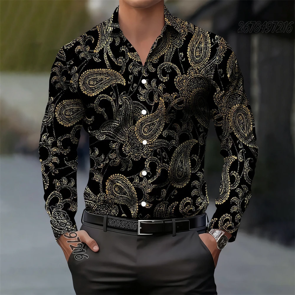 ヴィンテージメンズペイズリーカシミアフラワー長袖シャツプリントカジュアルエレガントファッション快適な高品質メンズラペルトップ