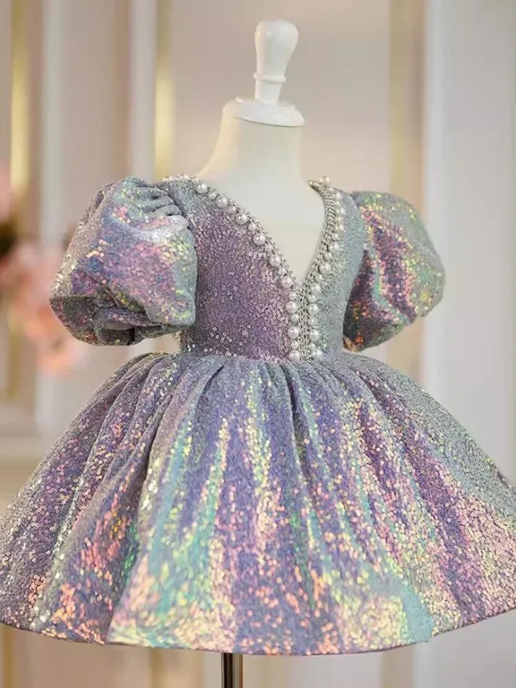 Kids Catwalk Princess Ball Gown Wedding Birthday Party Girls Sequined Dress A3808 Vestidos Para Niñas Bridesmaid Dresses