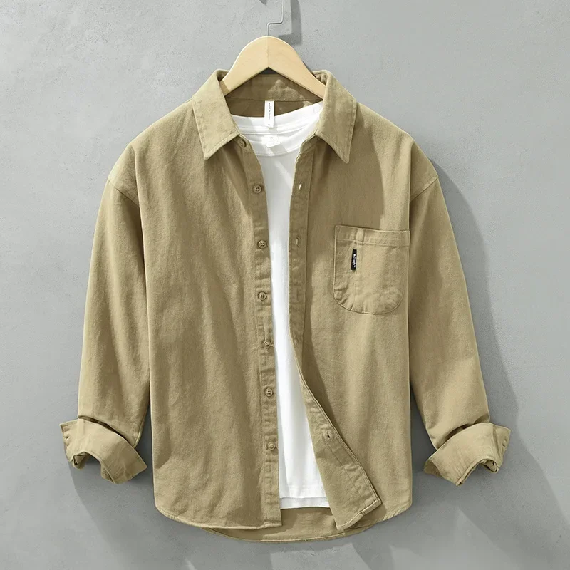 

Повседневные мужские рубашки с длинным рукавом, винтажная рубашка с карманом и отложным воротником, кофейного цвета, из чистого хлопка, удобные топы, простая одежда