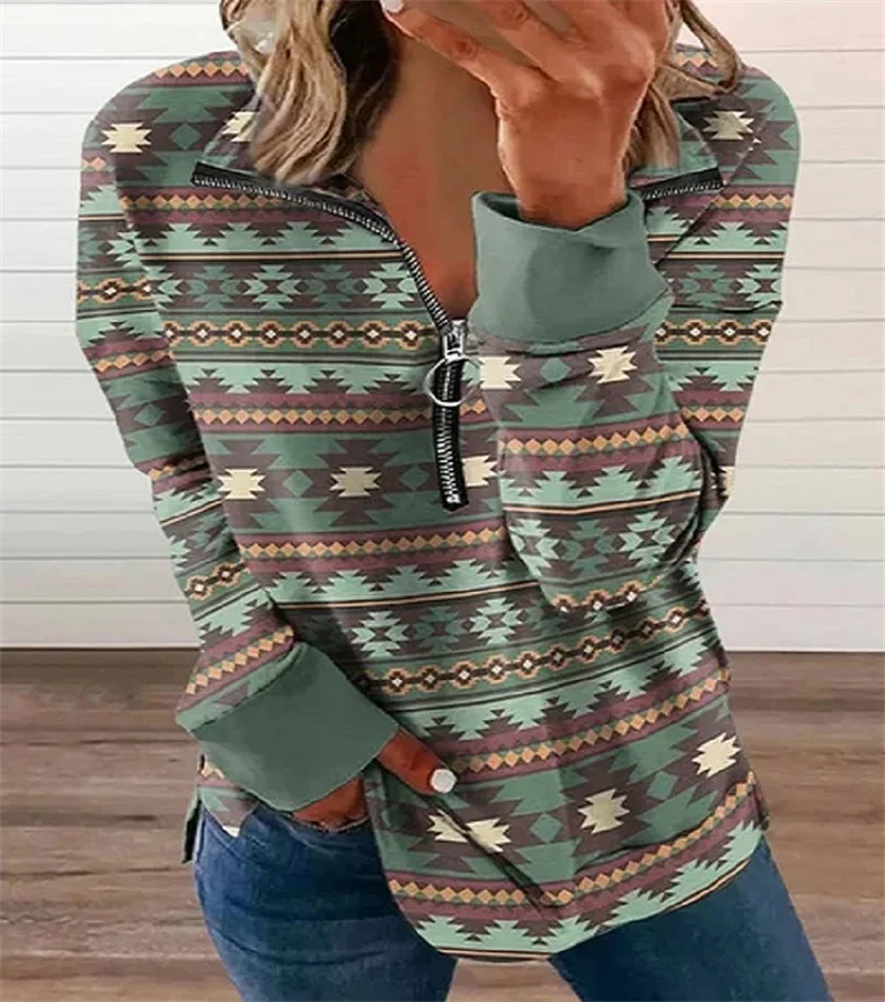 Women Western Style Sweatshirt Lapel Zipper Splicing Hoodie Autumn Winter Casual Vintage Geometry Print Long Sleeve Female Tops