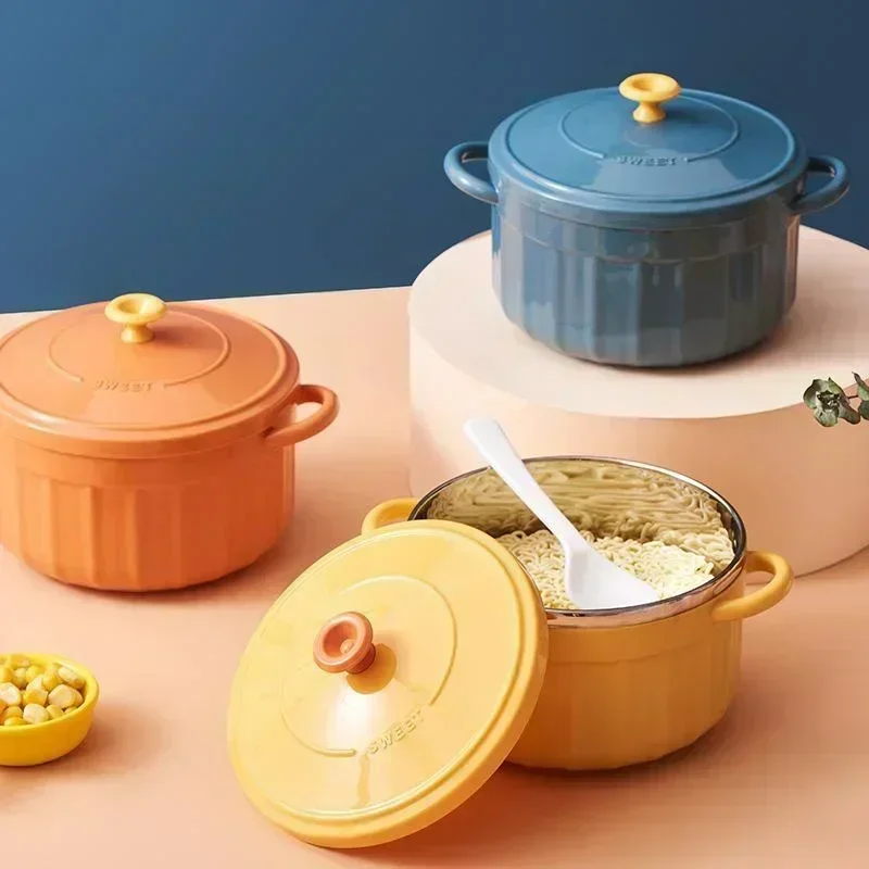 Cuenco para Fideos, olla calentable en microondas, cuenco de acero inoxidable 2025, vajilla, cuencos de sopa modernos de doble oreja con tapa, Color caramelo