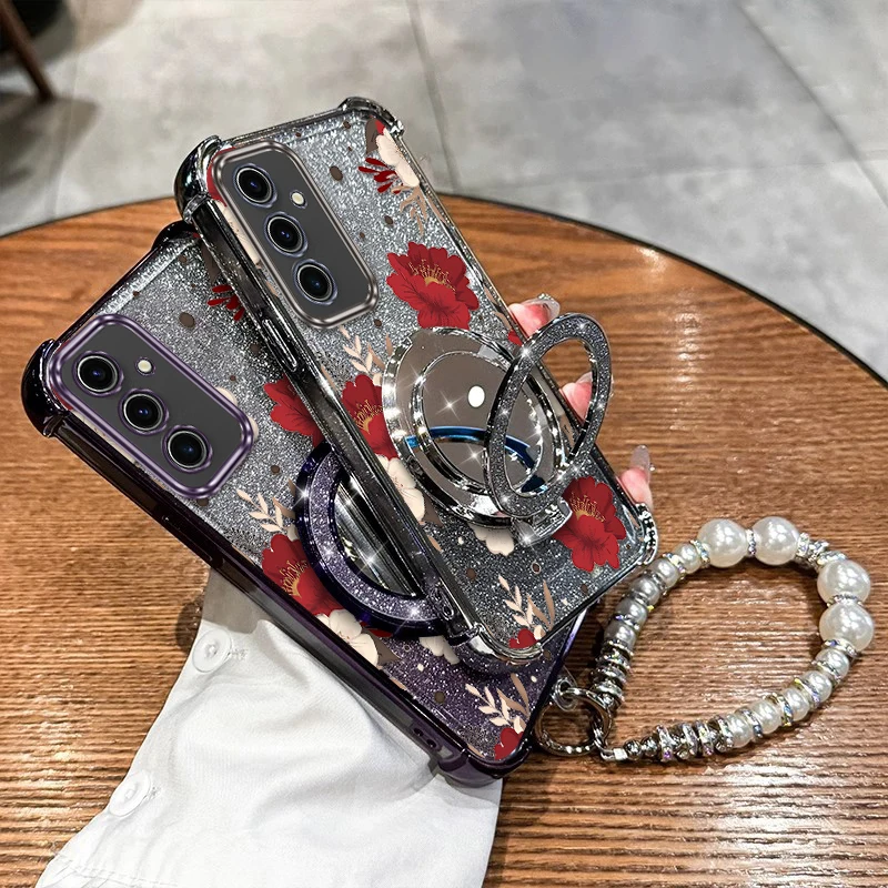 

S24 Red flowers Plating Bracelet Holder Phone Case For Samsung S25Ultra S24FE S24Ultra S23Plus S23FE S25 S24 S23Ultra Cover