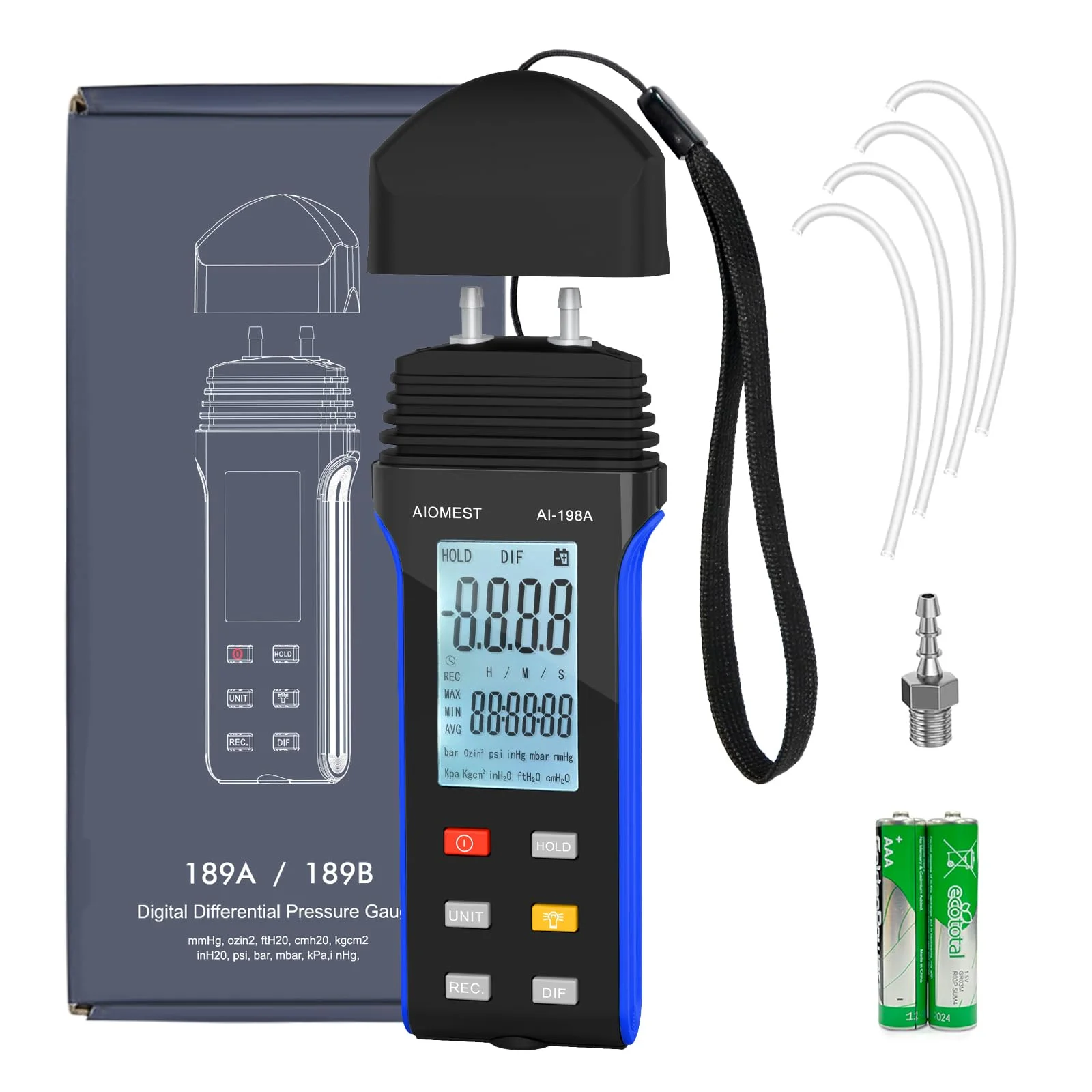 

Digital Manometer Gas Pressure Tester ±2 psi / ±13.79 kpa, Dual Port Air Flow Pressure Gauge AI-189A for HVAC Gas