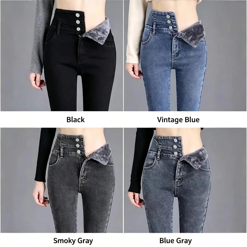 Winter Velvet Thickened High-waisted Women Jeans Elastic Slim and Thin Warm and Tight Small-footed Pencil Pants Nine-point Pants