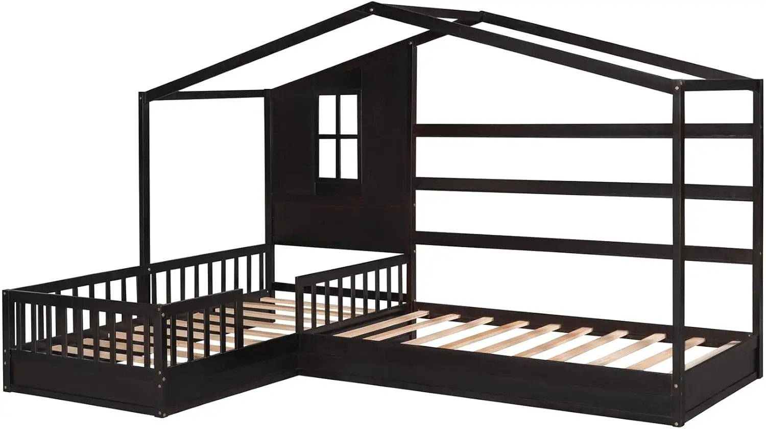 Letto a forma di L per 2 bambini, letti per la casa di dimensioni doppie, letto a doppia piattaforma, struttura letto angolare in legno Montessori con binari e decorativi