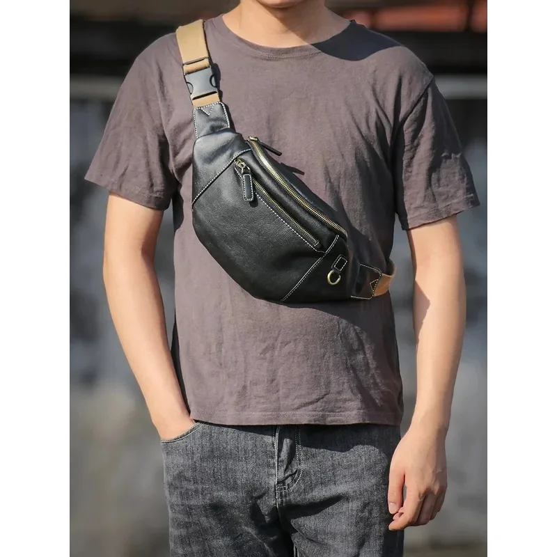 Chest Pack Men Top Grain Leather Crossbody Casual Waist Sling Unique Trendy Sports Phone Pouch Durable Design