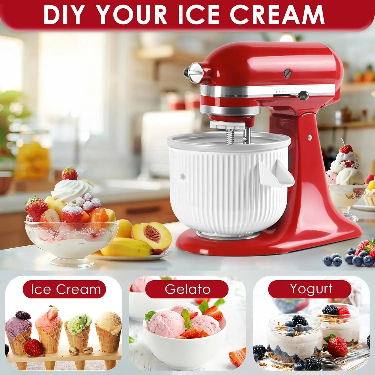 Ice Cream Maker Attachment for KitchenAid Stand Mixers - Compatible with 4.5/5QT and 6QT Models, 2 - Quart Bowl for Making Yogur