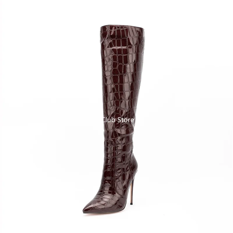 Brown Women Patent Leather Knee High Boots Fashion Pointed To Gladiator Boots Shiny Snakeskin Pattern Winter Boots High Heels