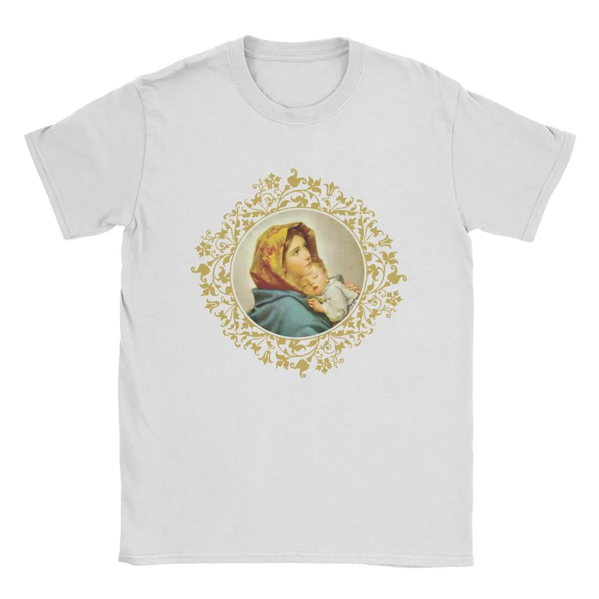 Virgin Mary With Jesus Child T Shirts Men 100% Cotton Novelty T-Shirts Round Collar Catholic Tees Short Sleeve Clothes Unique