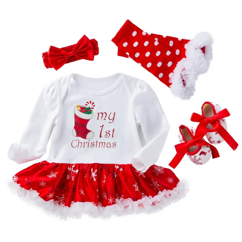 My First Christmas Baby Girls Outfits Deer Romper Dress + Shoes +Headband Newborns New Year Girls Clothes Sets