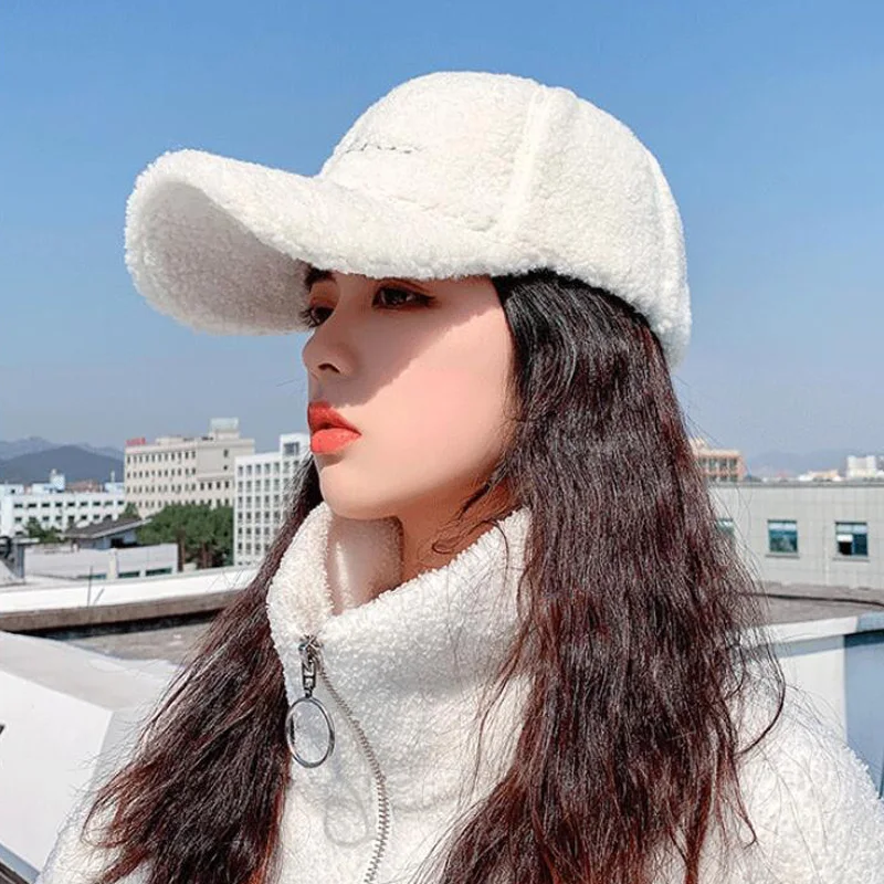 New Lamb Wool Baseball Cap Letter Embroidery Women Sun Hat Lady Girls Outdoor Warm Winter Spring Plush Caps