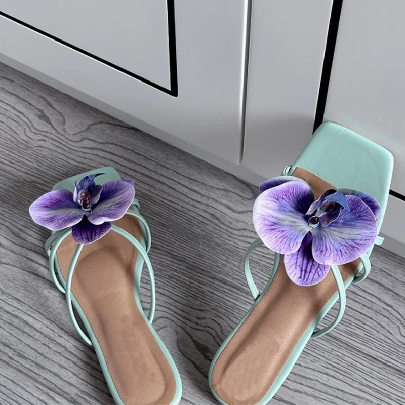 

Orchid Flower High Heel Sandals For Girls Square Toe 8cm Cover Heels Summer Mules Shoes Silver Blue Black