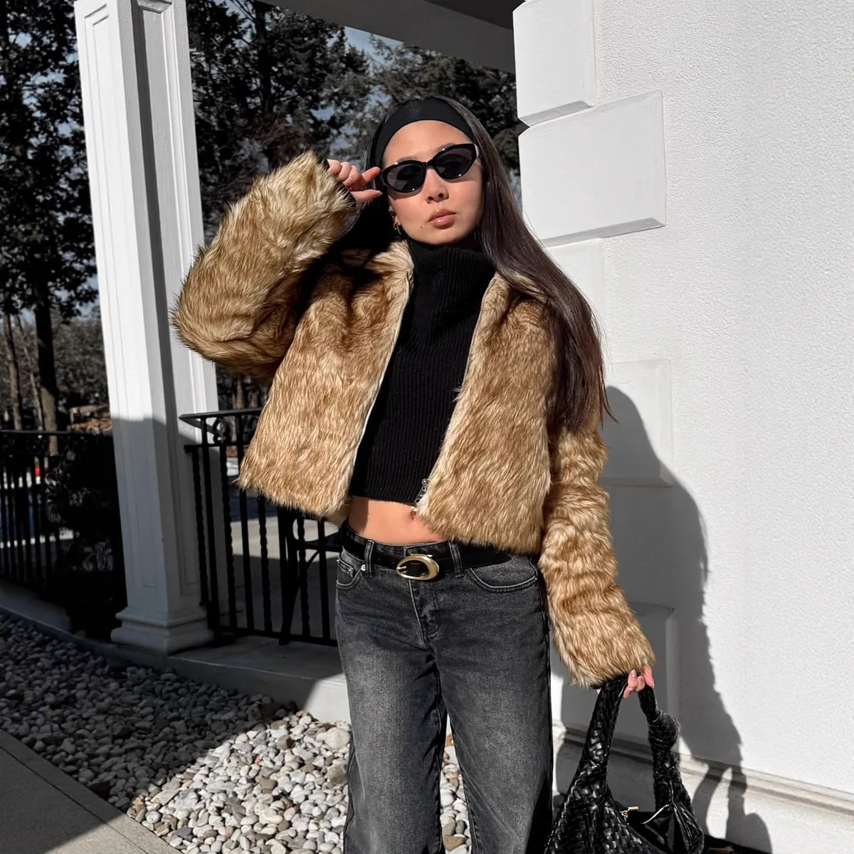 Cross-border women's clothing  short jacket square collar environmentally friendly fur coat autumn and winter zipper fur top