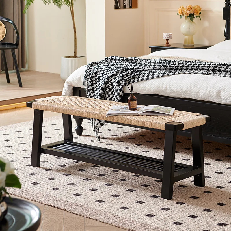 

Nordic rattan solid wood bench modern simple ash wood rattan seat bed bed and breakfast bedroom end stool with storage layer