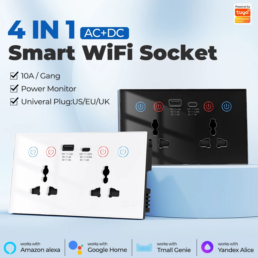 Home Automation Tuya Smart Life Voice Control Alexa Power Monitor US EU UK Plug USB Type-C Socket 10A WiFi Wall Socket
