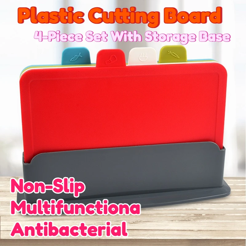 

Plastic Cutting Board 4 Piece Set Non Slip Food Grade With Storage Base Durable Kitchen Easy To Clean Antibacterial Anti Mold
