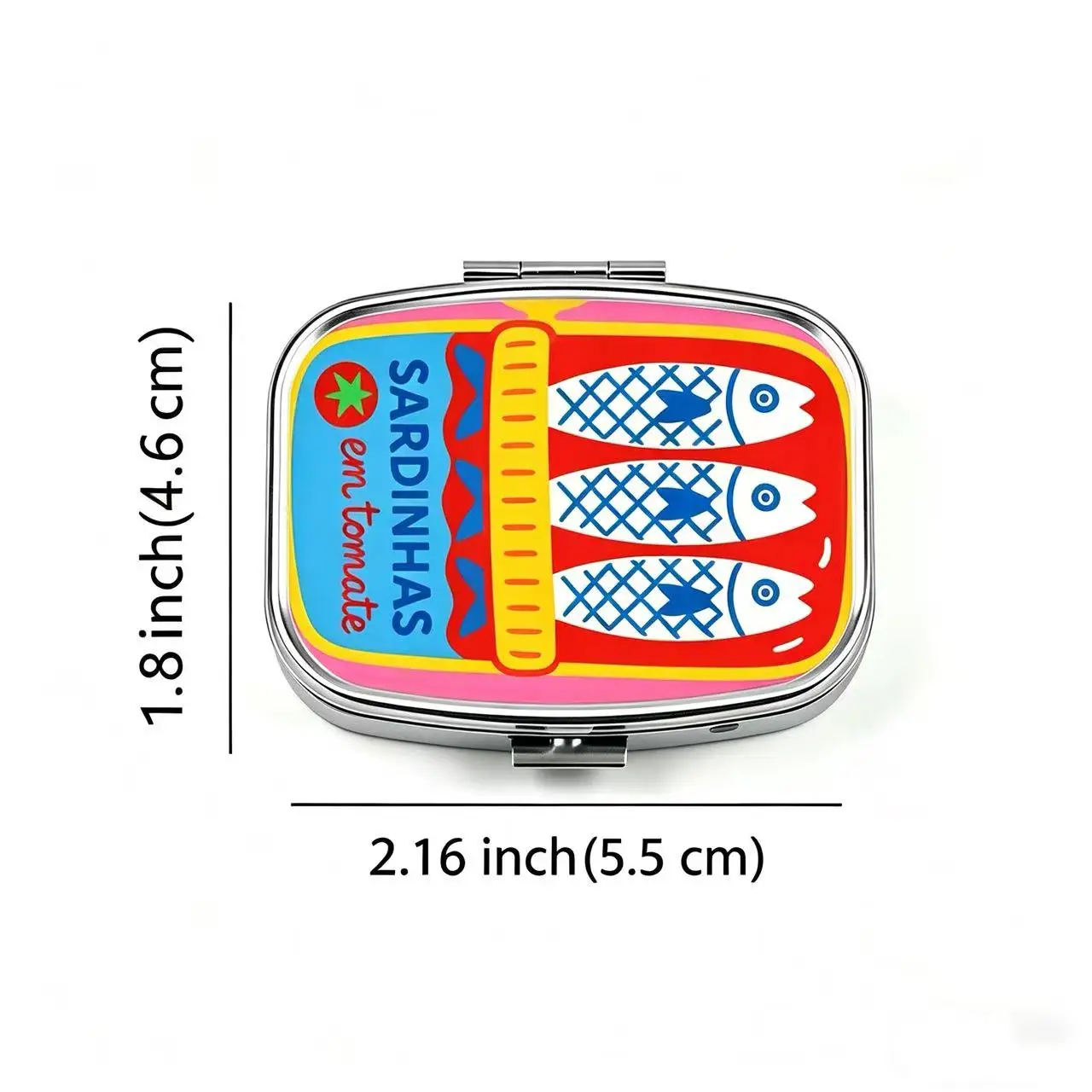 Colorful Sardine Can "Sardinhas em Tomate" Print Metal Pill Box, Portable 2-Compartment Travel Pill Organizer for Vitamins & Pil view 6