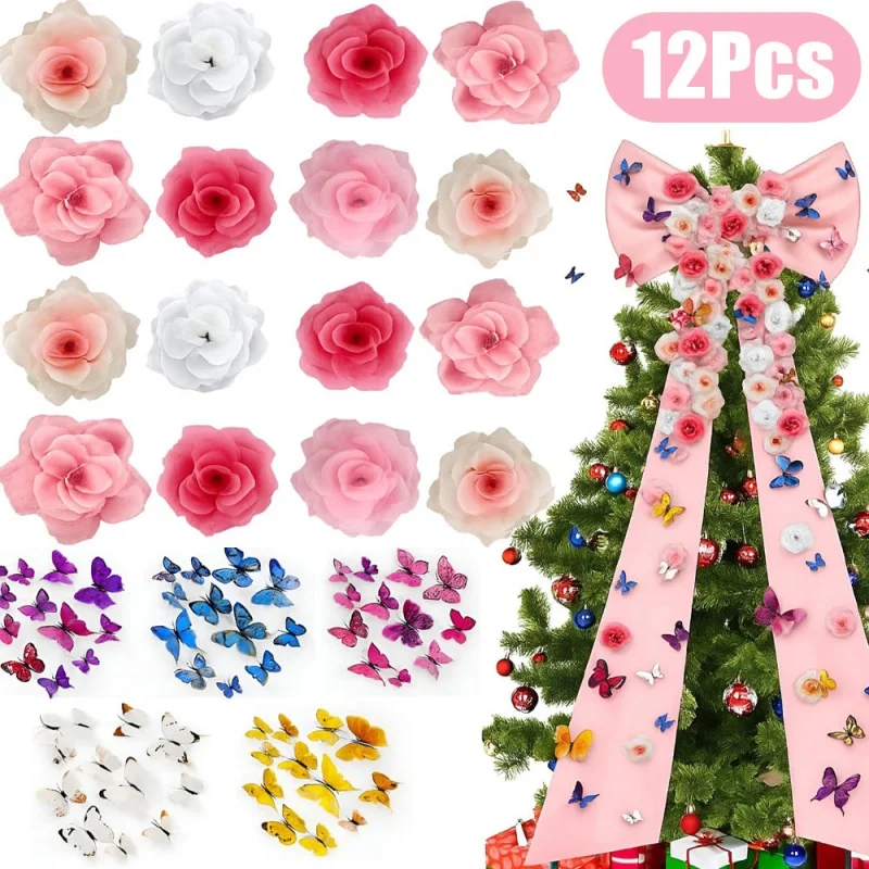 12 Stücke Rosa Rose Weihnachtsbaum Dekoration Künstliche Schmetterling Dekor Valentinstag Blumenstrauß Zubehör Hause Hochzeit Urlaub Deco