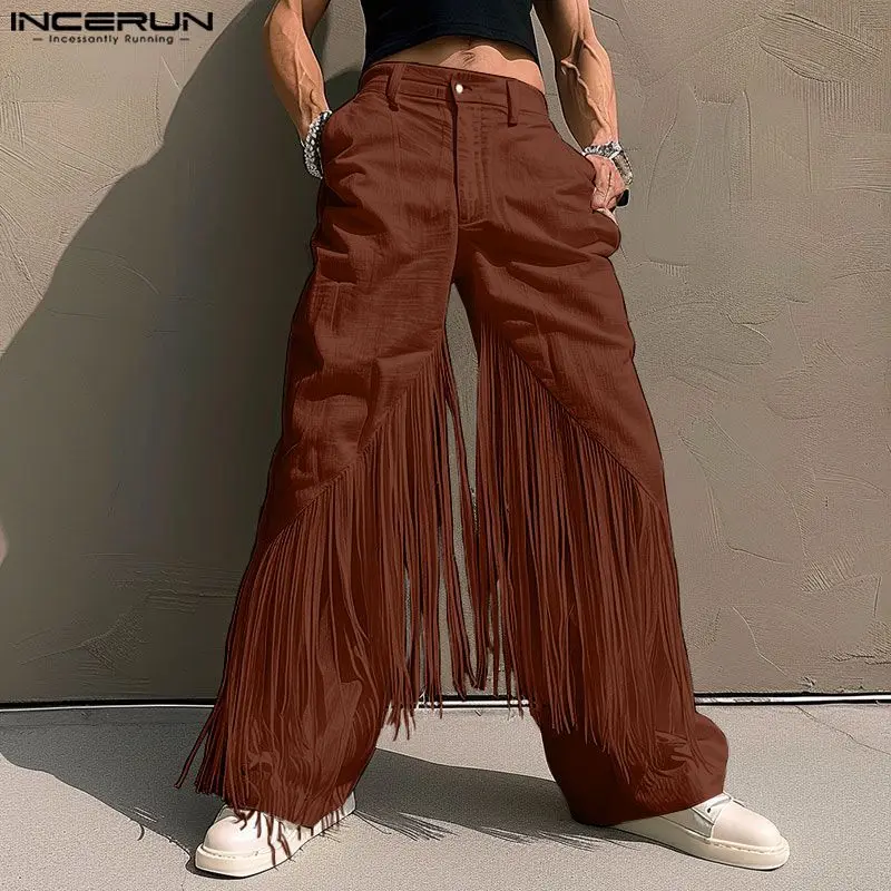 INCERUN Men Pants Tassel Patchwork Button Joggers Loose Casual Trousers Men Streetwear 2024 Fashion Male Straight Pants S-5XL