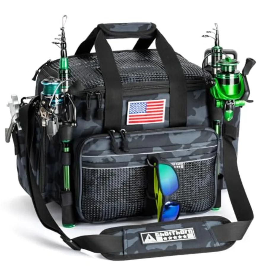 

Сумка для рыболовных снастей Ghosthorn с держателем для удочек, устойчивая к соленой и пресной воде, большая сумка-ящик для снастей - регулируемый плечевой ремень с мягкой подкладкой, размер S