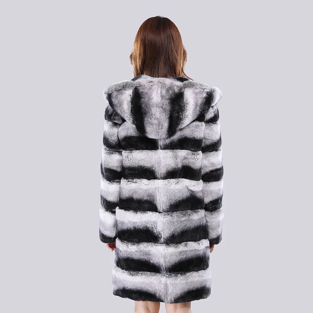 2025 Real Fur Coat With Hood Jacket Long Winter Coat Large Fur Hood Rex Rabbit Chinchilla Fur Hooded Jacket Women Real Fur Coat