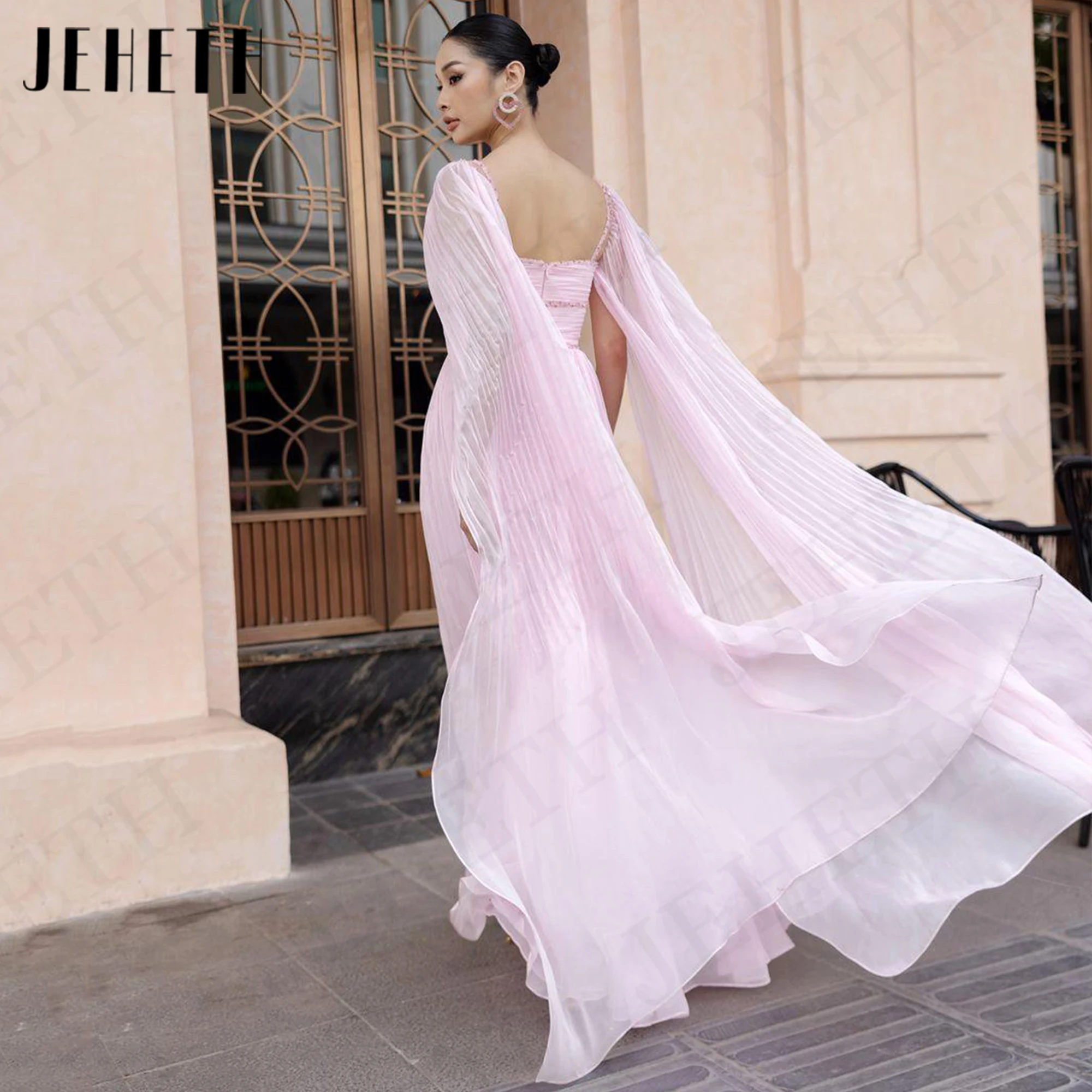 JEHETH Cape Sleeves Saudi Arabia Evening Dress Charming Chiffon A Line Pink Formal Occasion Dresses Dubai vestidos de fiesta