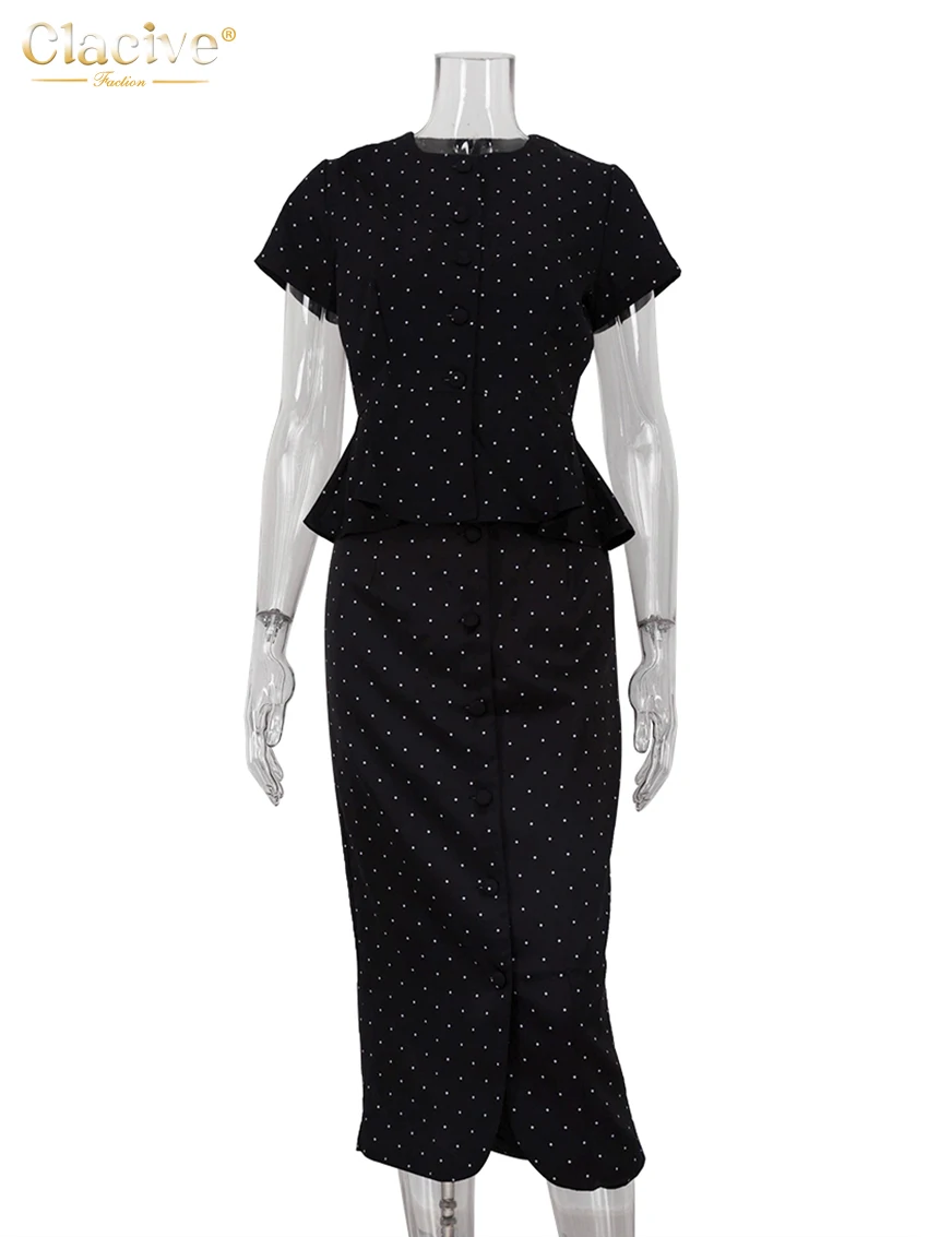 Clacive Summer Slim Print Skirts Set 2 Piece Woman 2025 Fashion Short Sleeve Shirt With High Waist Midi Skirt Set Streetwear image 5