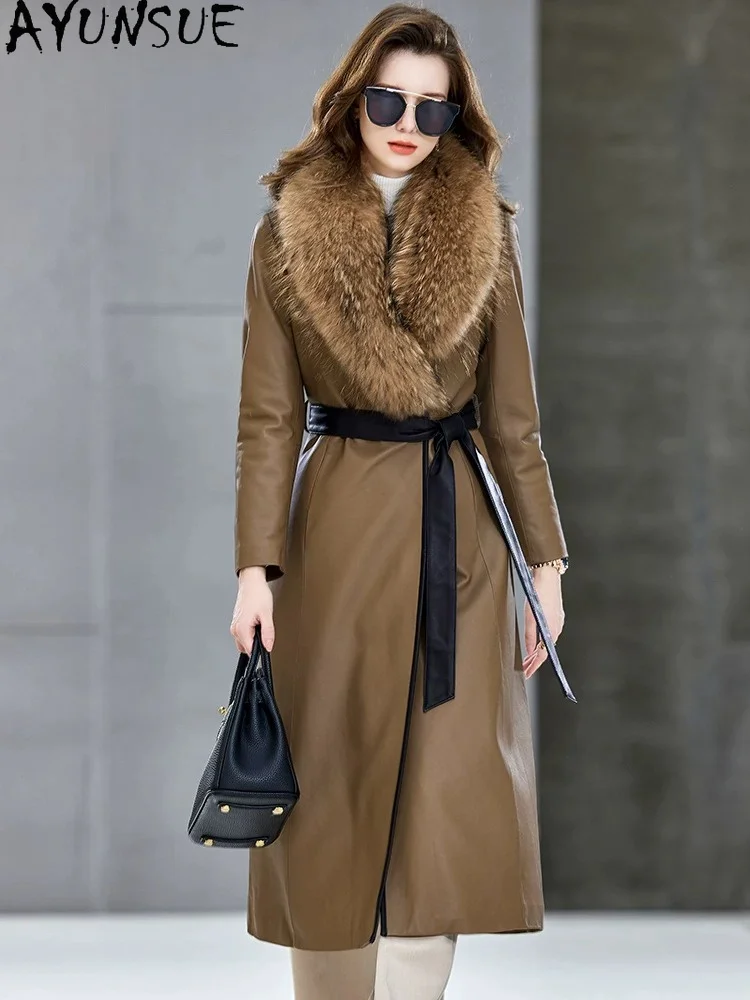 AYUNSUE Natural Sheepskin Down Jacket Women Fashion Long Trench Coat for Woman Winter Clothes Warm Raccoon Fur Collar Slim Fit