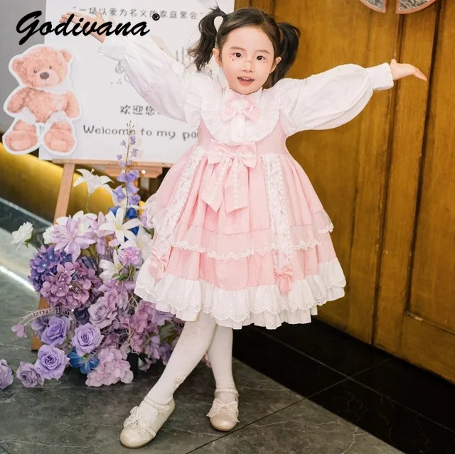 Kids French Sweet High End Pink Lolita Princess Dress Girls Spring and Autumn Lace Ruffle Trim Bow Birthday Party Cake Dresses