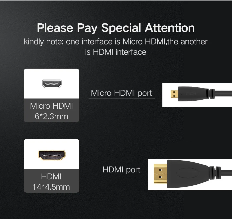 MicroHDMI (Type D) to HDMI-compatible(Type A) gold plated (High Speed) Supports Ethernet, 3D, 4K and Ethernet capable