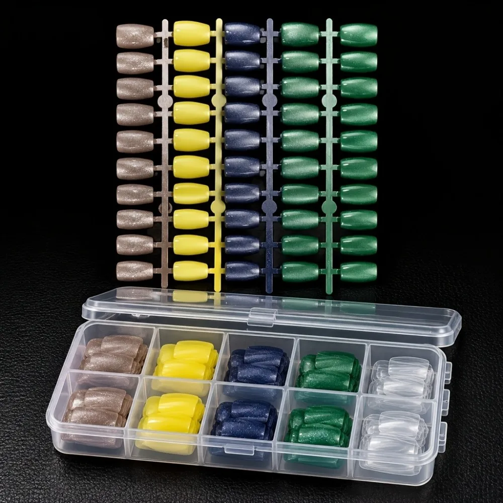 120Pcs Press On Nails 4-row Color Swatch Board Macaron Shimmer Shades Size-graded 10-grid PP Storage Box Anti-scratch False Nai