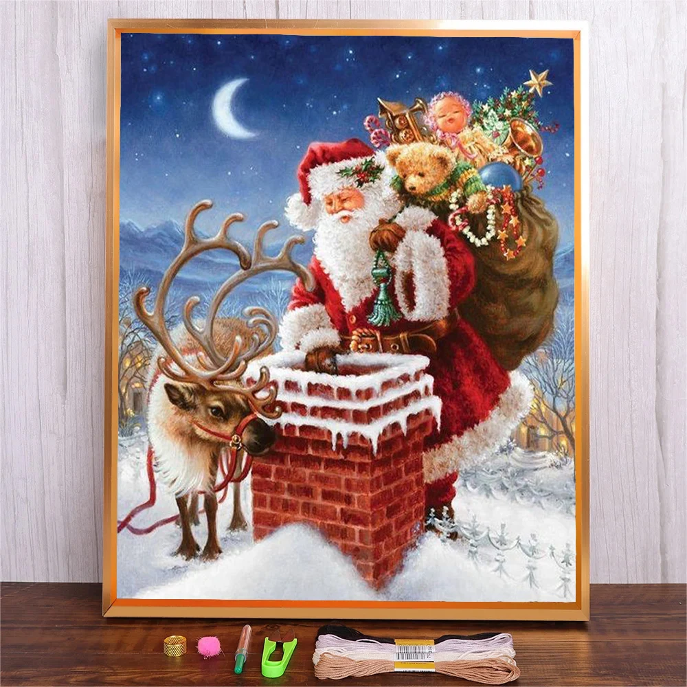 

Cartoon Elk Deer Pattern DIY Cotton Thread Cross Stitch Kit 11CT Canvas Printed Fabric Christmas Santa Claus Embroidery Set