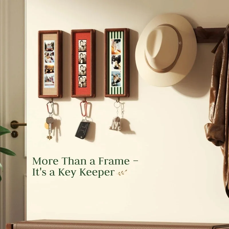1PCS Vintage Wooden Photo Strip Frame Key Holder Wall Decor with Hook Mortise And Tenon Construction Home Decor