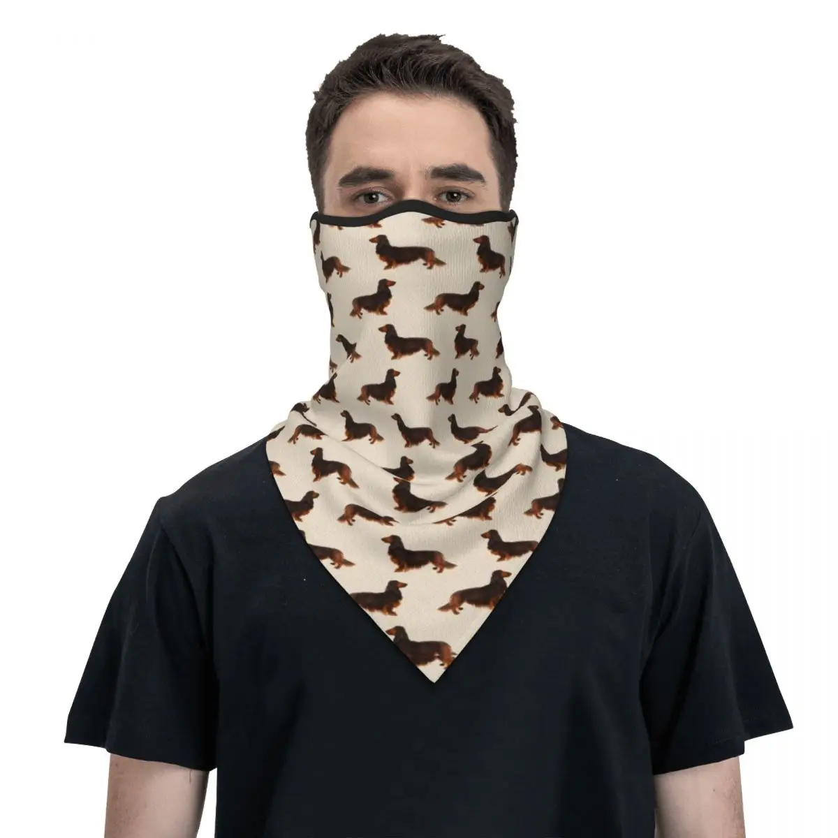 Long Hair Dachshund Cream Pattern Sausage Dog Print Bandana Neck Gaiter Hiking Running Women Men Pet Wiener Face Mask Wrap Scarf