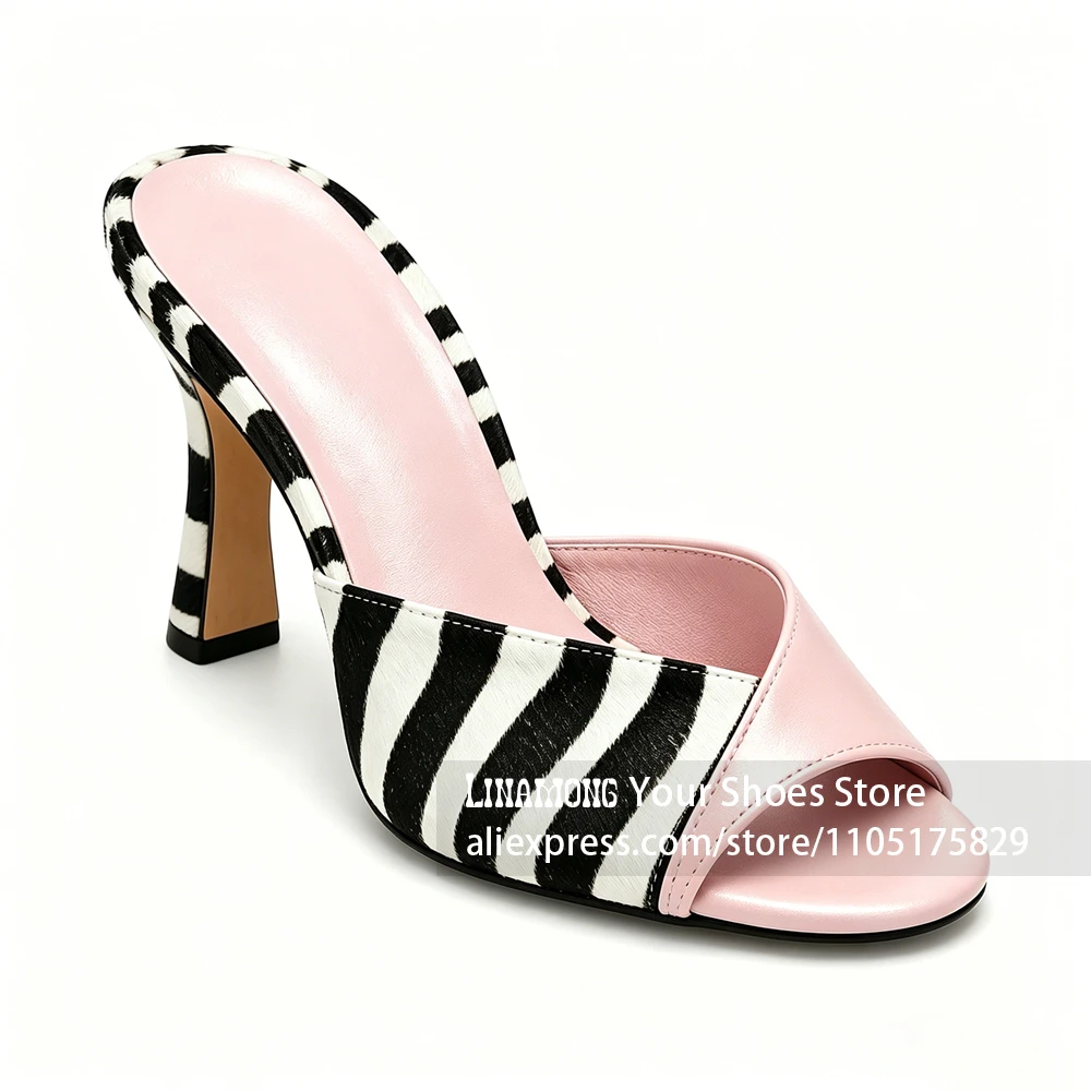 Zebra Stripes Peep Toe Mules Faux Horsehair Stiletto Slippers Round Open Toe Slip on Summer Shoes Custom Multicolor Women Shoes