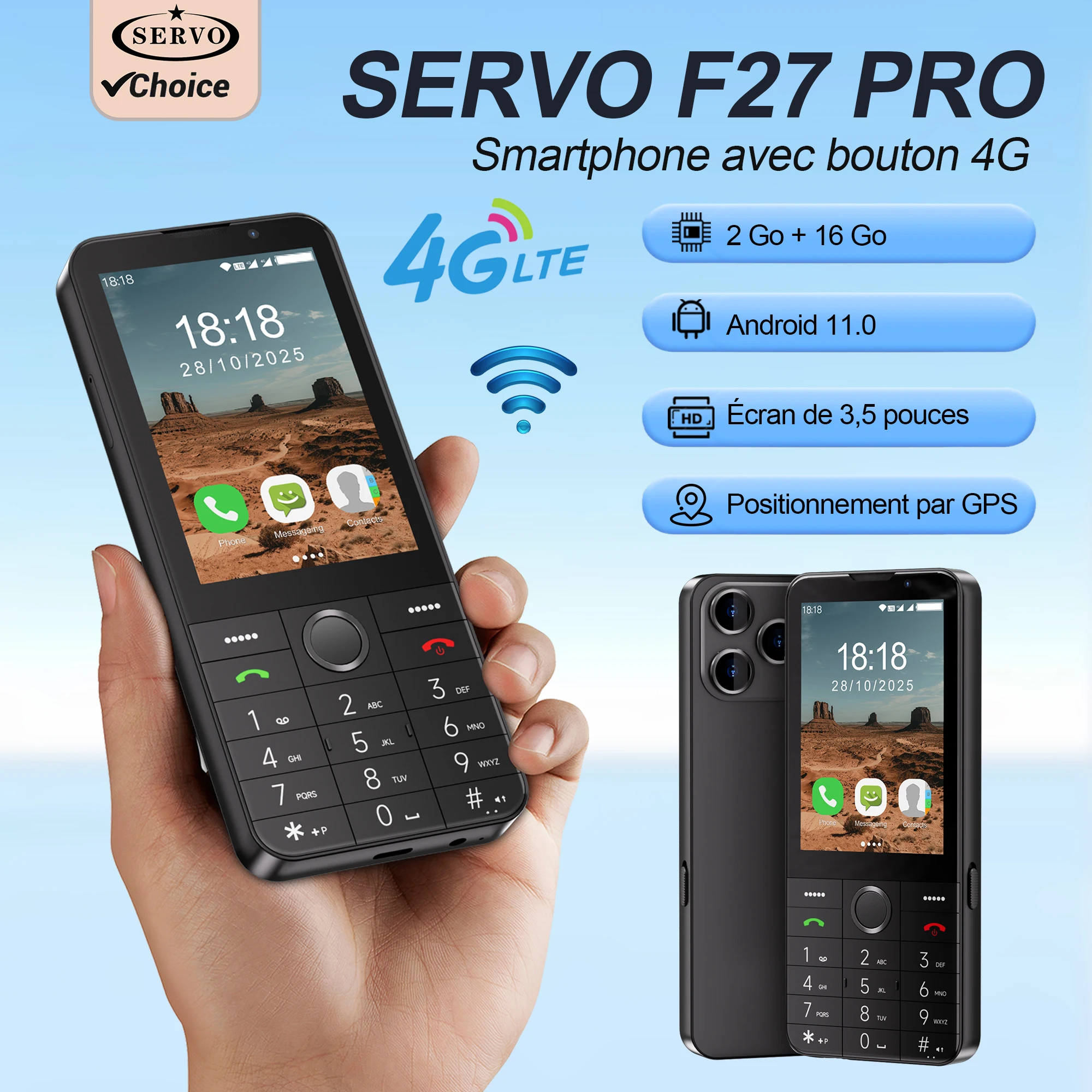 Smartphone SERVO F27 PRO, système d'exploitation Android, 4G, écran tactile HD 3,5 pouces, clavier à numérotation rapide, téléphone portable, WiFi, GPS, 2 Go + 16 Go, 2850 mAh