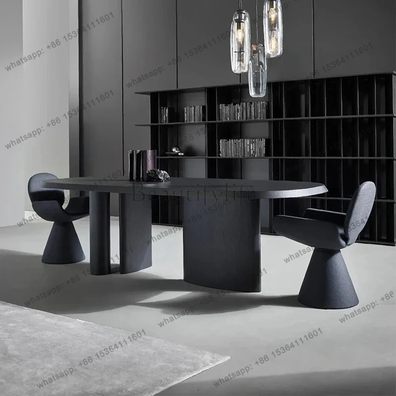

yj5 Medieval design creative art dining table oval wabi style retro black solid wood home dining table