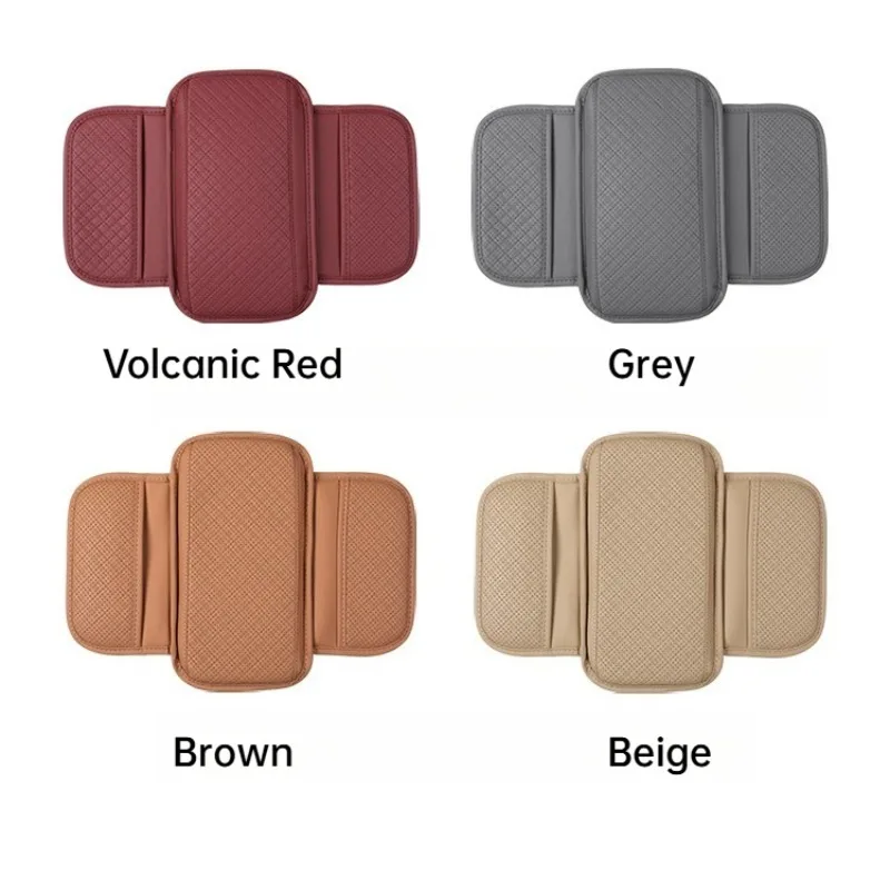 Car Armrest Cushion Universal Car Armrest Mats Wear-Resistant Pu Leather Auto Center Console Pad with 2 Side Storage Bag (Beige）