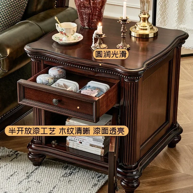 American solid wood bedside table full log gold silk teak retro