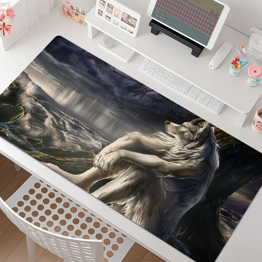 Emo White Wolf Sitting Sad Funny Mouse Pad Anti Slip Rubber Edge Locked Thickened Laptop Gaming Desk Mat