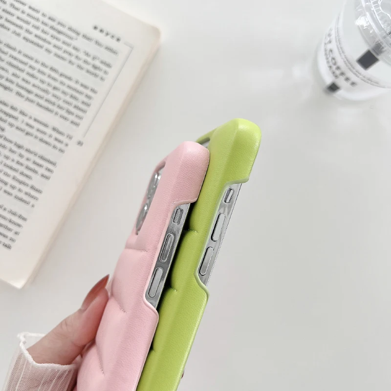 Luxury Solid Color Matte Leather Down Jacket Hard PC+Soft TPU Phone Case For iPhone 16 Pro Max 14 11 12 13 15 Pro Max Back Cover